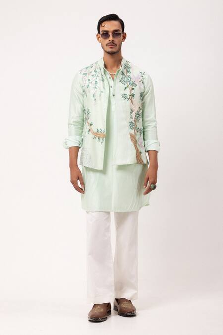 PAARSH_Blue Organza, Chanderi Embroidery Sky Song Nehru Jacket Set _at_Aza_Fashions