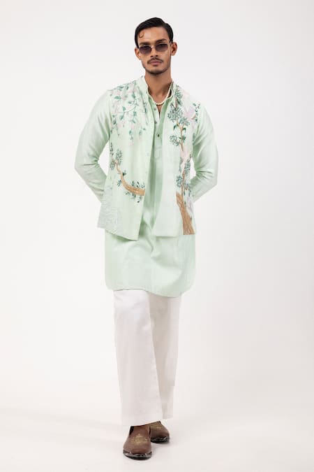 Buy_PAARSH_Blue Organza, Chanderi Embroidery Sky Song Nehru Jacket Set 