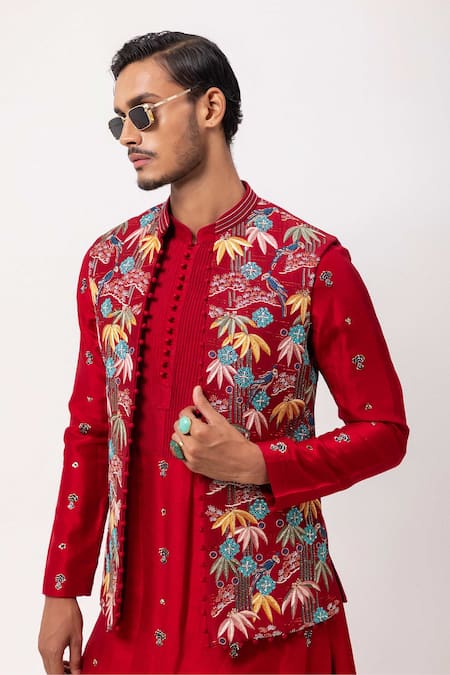 Buy_PAARSH_Red Silk Embroidery Banjara Nehru Jacket Set _Online_at_Aza_Fashions