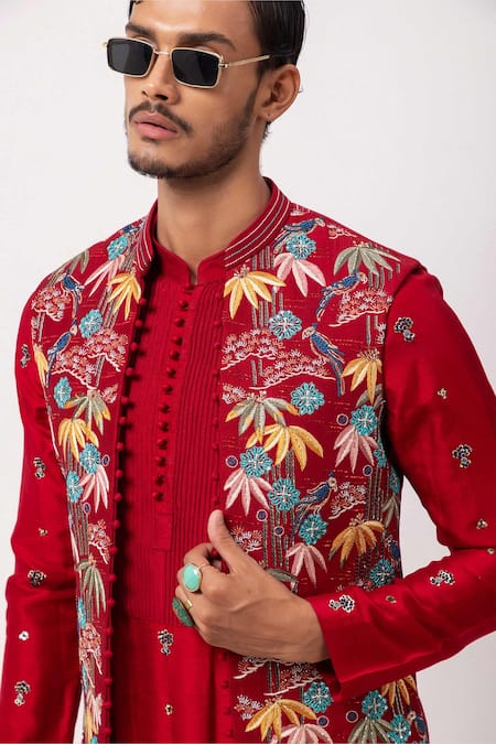 Shop_PAARSH_Red Silk Embroidery Banjara Nehru Jacket Set _Online_at_Aza_Fashions