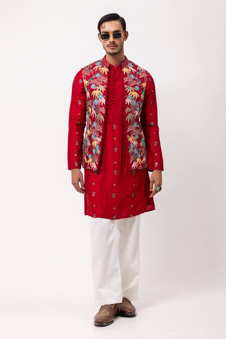 PAARSH_Red Silk Embroidery Banjara Nehru Jacket Set _at_Aza_Fashions