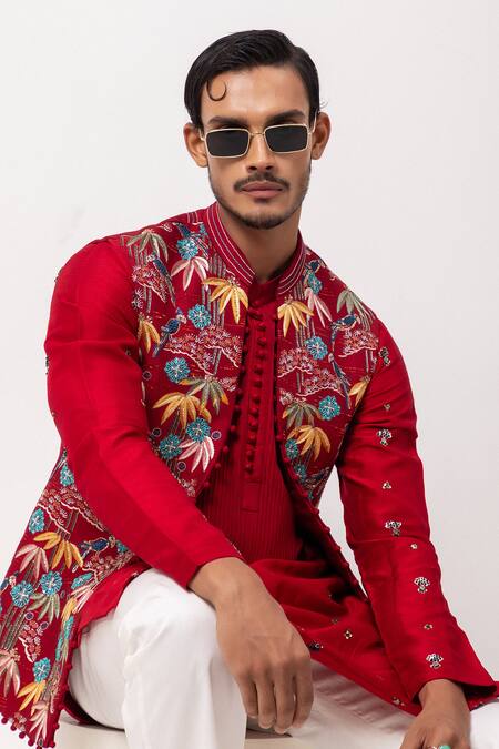 Buy_PAARSH_Red Silk Embroidery Banjara Nehru Jacket Set 