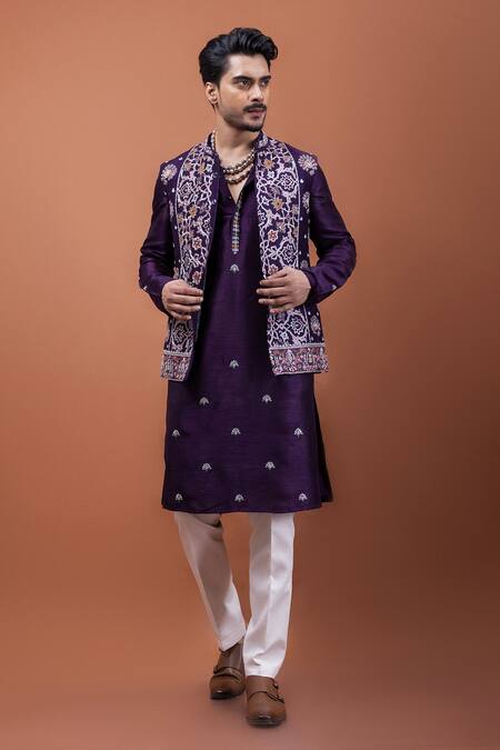 Buy_PAARSH_Purple Silk Embroidery Regalia Nehru Jacket Set 