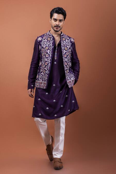 Shop_PAARSH_Purple Silk Embroidery Regalia Nehru Jacket Set 