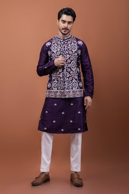 PAARSH Purple Silk Embroidery Regalia Nehru Jacket Set 
