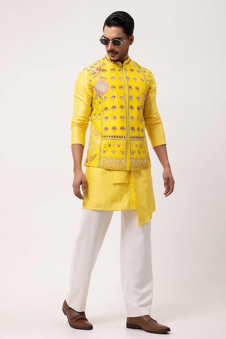 PAARSH_Yellow Silk Embroidery Sunburst Bloom Nehru Jacket Set _Online_at_Aza_Fashions