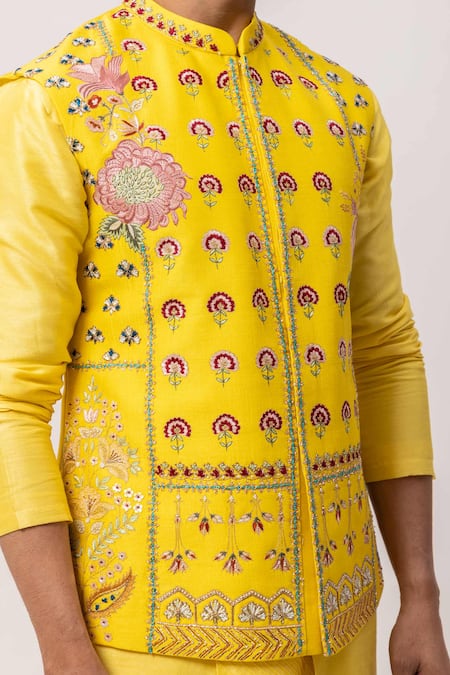Shop_PAARSH_Yellow Silk Embroidery Sunburst Bloom Nehru Jacket Set _Online_at_Aza_Fashions