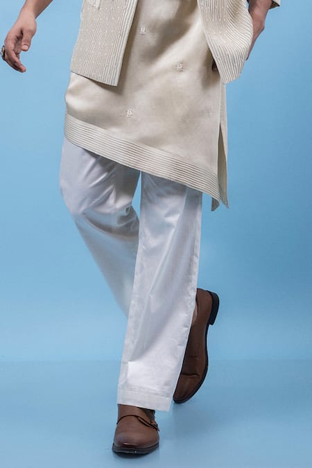 PAARSH_Gray Chanderi, Organza, Linen, Satin, Cotton Lacy Grey Nehru Jacket Set _Online_at_Aza_Fashions