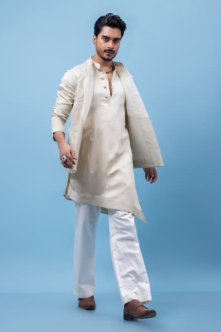 PAARSH Lacy Grey Embroidered Nehru Jacket Set 