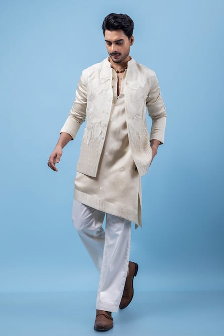 Buy_PAARSH_Gray Chanderi, Organza, Linen, Satin, Cotton Lacy Grey Nehru Jacket Set _Online_at_Aza_Fashions