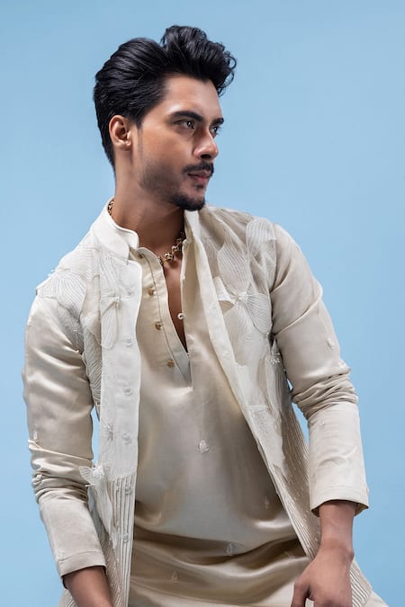 Shop_PAARSH_Gray Chanderi, Organza, Linen, Satin, Cotton Lacy Grey Nehru Jacket Set _Online_at_Aza_Fashions