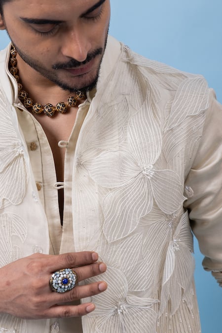 PAARSH_Gray Chanderi, Organza, Linen, Satin, Cotton Lacy Grey Nehru Jacket Set _at_Aza_Fashions