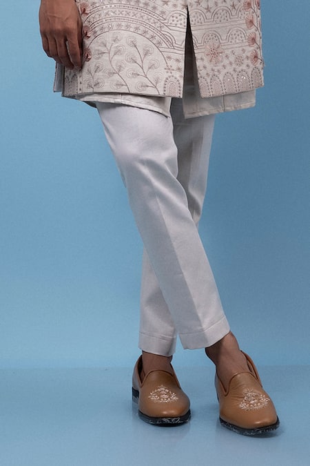 PAARSH Beige Linen, Satin Embroidery Garden Lineage Nehru Jacket Set Online at Aza Fashions PAARSH_Beige Linen, Satin Embroidery Garden Lineage Nehru Jacket Set _Online_at_Aza_Fashions