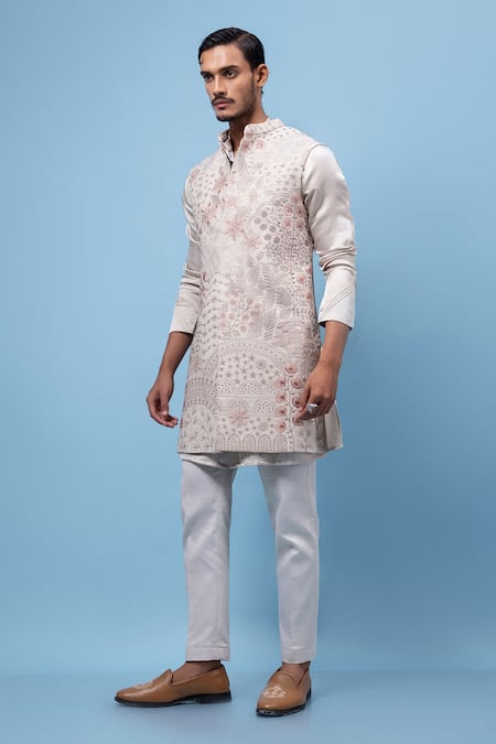Buy PAARSH Beige Linen, Satin Embroidery Garden Lineage Nehru Jacket Set Online at Aza Fashions Buy_PAARSH_Beige Linen, Satin Embroidery Garden Lineage Nehru Jacket Set _Online_at_Aza_Fashions
