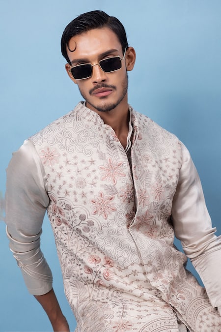 Shop PAARSH Beige Linen, Satin Embroidery Garden Lineage Nehru Jacket Set Online at Aza Fashions Shop_PAARSH_Beige Linen, Satin Embroidery Garden Lineage Nehru Jacket Set _Online_at_Aza_Fashions