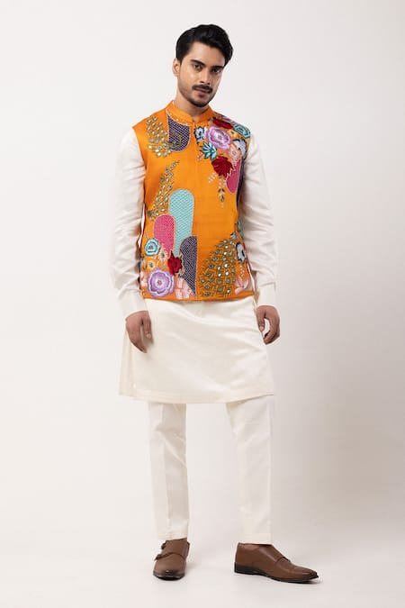 Buy_PAARSH_Orange Linen, Satin Embroidery Tangerine Trail Nehru Jacket Kurta Set _Online_at_Aza_Fashions