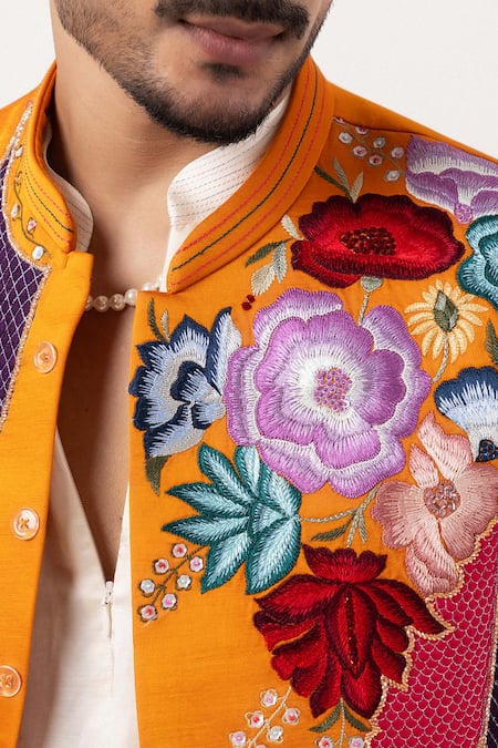 Shop_PAARSH_Orange Linen, Satin Embroidery Tangerine Trail Nehru Jacket Kurta Set _Online_at_Aza_Fashions