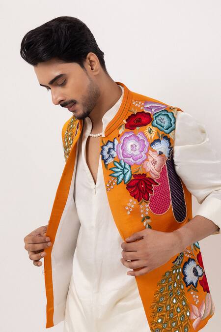 PAARSH_Orange Linen, Satin Embroidery Tangerine Trail Nehru Jacket Kurta Set _at_Aza_Fashions