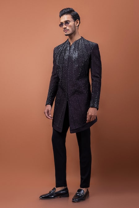 PAARSH_Brown Silk Rhinestones, Embroidery Achkan With Pant _Online_at_Aza_Fashions