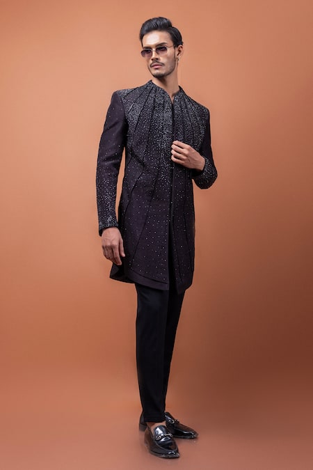 Buy_PAARSH_Brown Silk Rhinestones, Embroidery Achkan With Pant _Online_at_Aza_Fashions