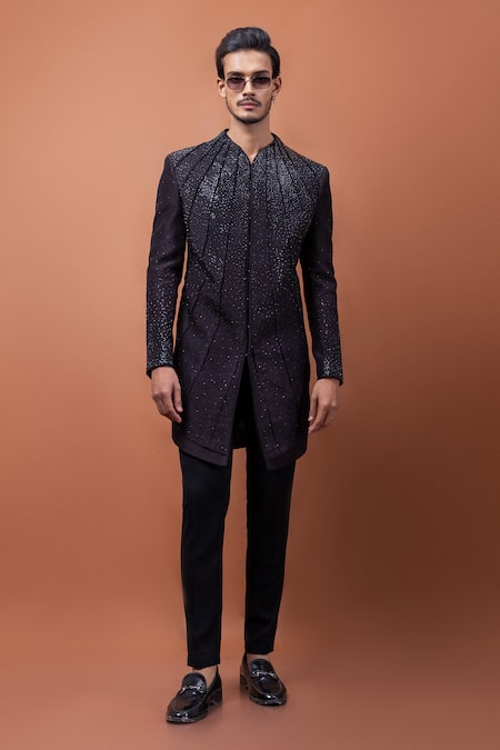 PAARSH_Brown Silk Rhinestones, Embroidery Achkan With Pant _at_Aza_Fashions