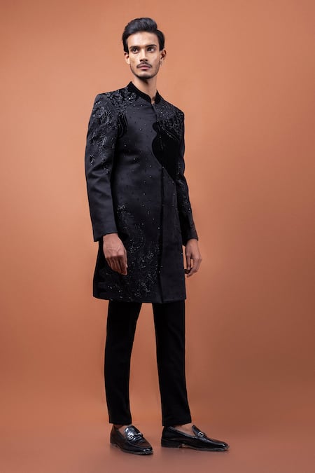 PAARSH_Black Linen, Satin, Suede Beads, Sequins The Noir Van Achkan With Pant _Online_at_Aza_Fashions