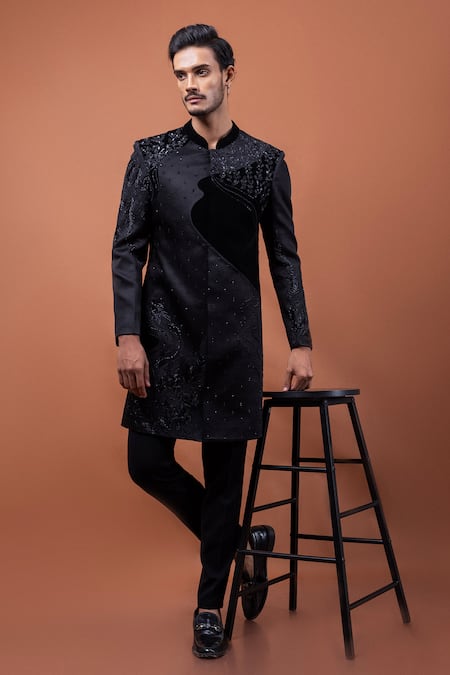PAARSH Black Linen, Satin, Suede Beads, Sequins The Noir Van Achkan With Pant 