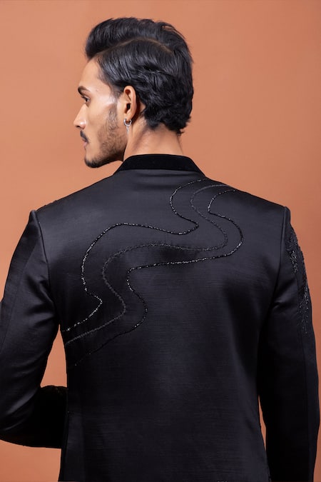 Buy_PAARSH_Black Linen, Satin, Suede Beads, Sequins The Noir Van Achkan With Pant _Online_at_Aza_Fashions