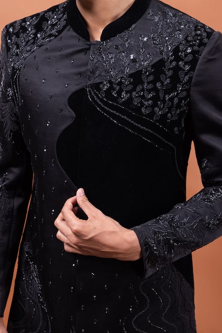 Shop_PAARSH_Black Linen, Satin, Suede Beads, Sequins The Noir Van Achkan With Pant _Online_at_Aza_Fashions