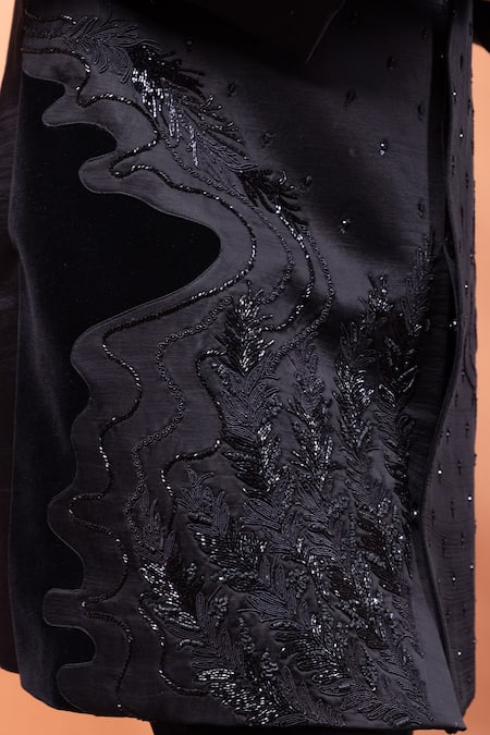 PAARSH_Black Linen, Satin, Suede Beads, Sequins The Noir Van Achkan With Pant _at_Aza_Fashions