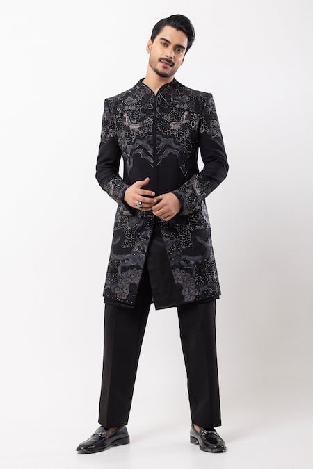 PAARSH Black Silk Beads, Embroidery Mirage Achkan With Pant