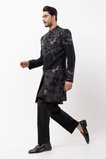 PAARSH_Black Silk Beads, Embroidery Mirage Achkan With Pant _Online_at_Aza_Fashions
