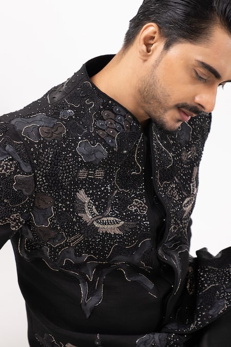 PAARSH_Black Silk Beads, Embroidery Mirage Achkan With Pant _at_Aza_Fashions