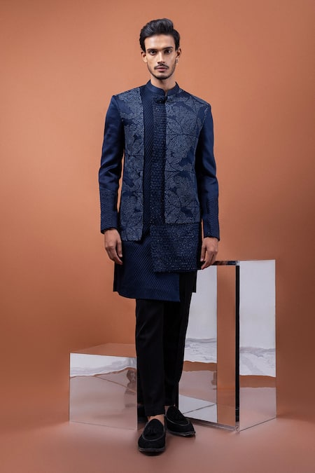 PAARSH Navy Linen, Satin Embroidery Blue Aviary Achkan With Pant