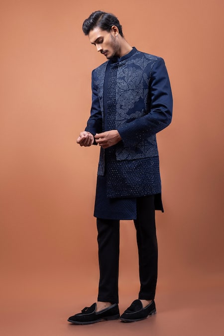 PAARSH_Navy Linen, Satin Embroidery Blue Aviary Achkan With Pant _Online_at_Aza_Fashions