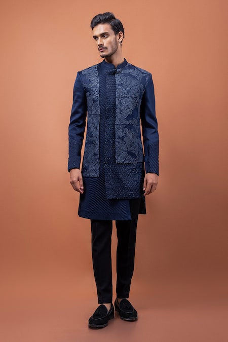 Buy_PAARSH_Navy Linen, Satin Embroidery Blue Aviary Achkan With Pant _Online_at_Aza_Fashions
