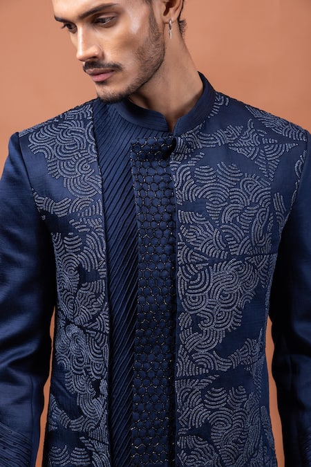 Shop_PAARSH_Navy Linen, Satin Embroidery Blue Aviary Achkan With Pant _Online_at_Aza_Fashions