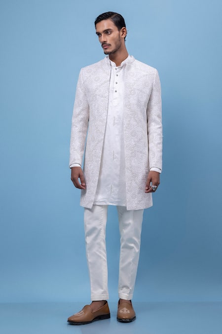 PAARSH_Ivory Georgette Embroidery Achkan With Pant _Online_at_Aza_Fashions