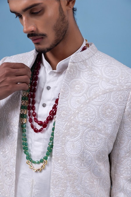 Shop_PAARSH_Ivory Georgette Embroidery Achkan With Pant _Online_at_Aza_Fashions