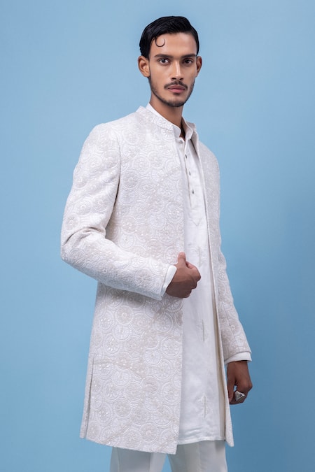 PAARSH_Ivory Georgette Embroidery Achkan With Pant _at_Aza_Fashions
