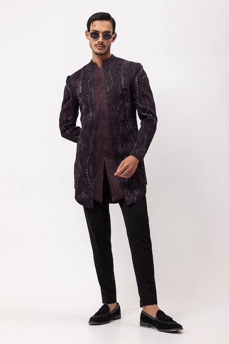 PAARSH Purple Linen, Satin Beads Royal Plum Embroidered Achkan With Pant
