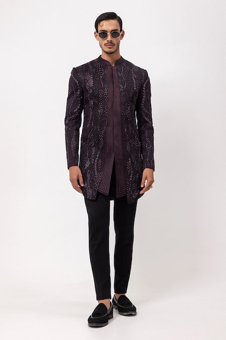 PAARSH_Purple Linen, Satin Beads Royal Plum Embroidered Achkan With Pant _Online_at_Aza_Fashions