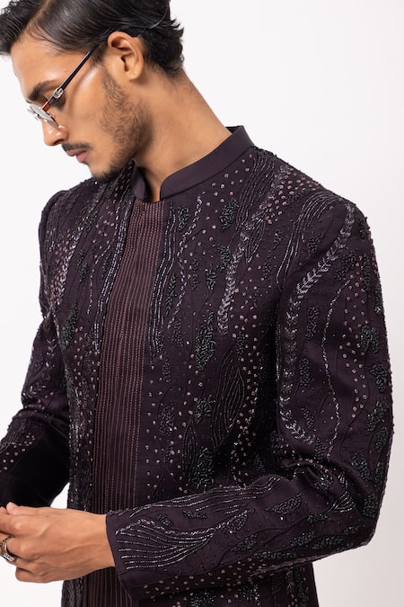 Shop_PAARSH_Purple Linen, Satin Beads Royal Plum Embroidered Achkan With Pant _Online_at_Aza_Fashions
