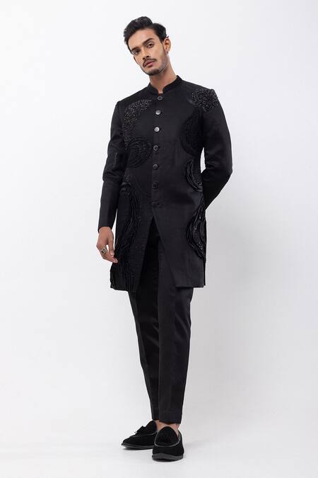 PAARSH_Black Linen, Satin Beads, Embroidery Obsidian Rise Achkan With Pant _Online_at_Aza_Fashions