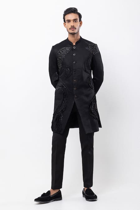 PAARSH Black Linen, Satin Beads, Embroidery Obsidian Rise Achkan With Pant 