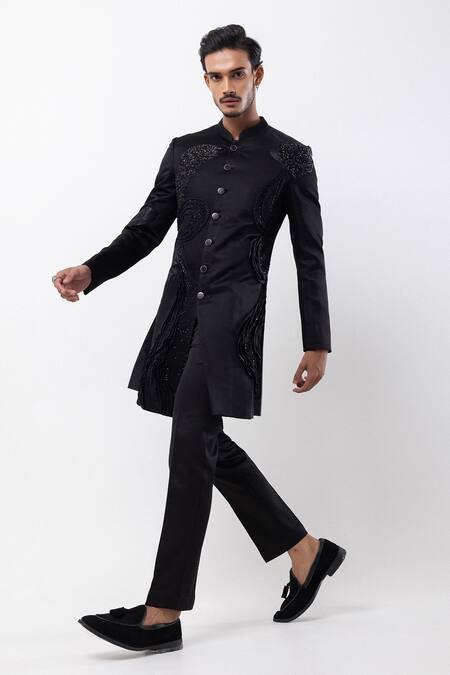 Buy_PAARSH_Black Linen, Satin Beads, Embroidery Obsidian Rise Achkan With Pant _Online_at_Aza_Fashions