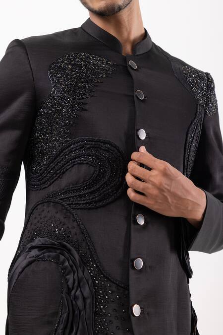 Shop_PAARSH_Black Linen, Satin Beads, Embroidery Obsidian Rise Achkan With Pant _Online_at_Aza_Fashions