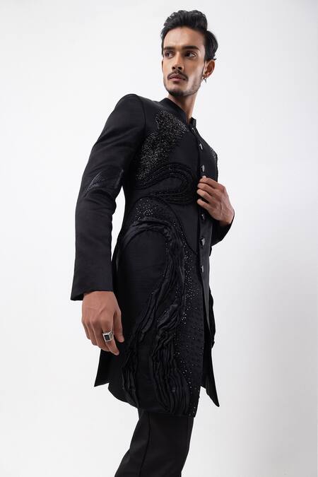 Buy_PAARSH_Black Linen, Satin Beads, Embroidery Obsidian Rise Achkan With Pant 