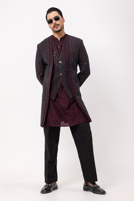 PAARSH Wine Sequins, Embroidery The Merlot Achkan With Pant 