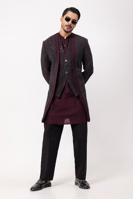 Buy_PAARSH_Wine Sequins, Embroidery The Merlot Achkan With Pant _Online_at_Aza_Fashions